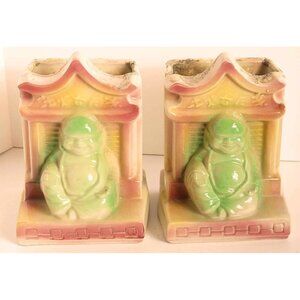 Vintage Shawnee Pottery Asian Buddha Bookends Planters With Colorful Glaze USA